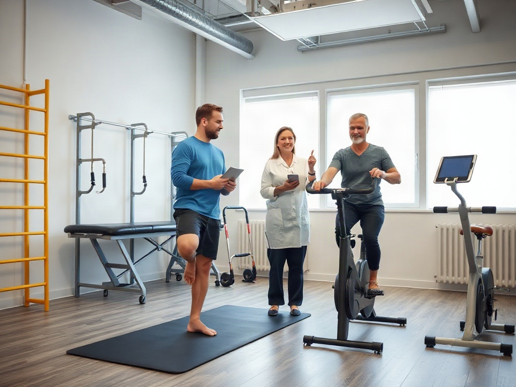 Rehab room with patients training on tablets