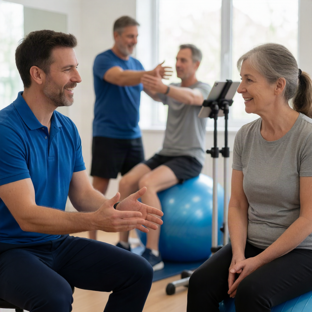 Therapist talking with a patient while others train on tablets