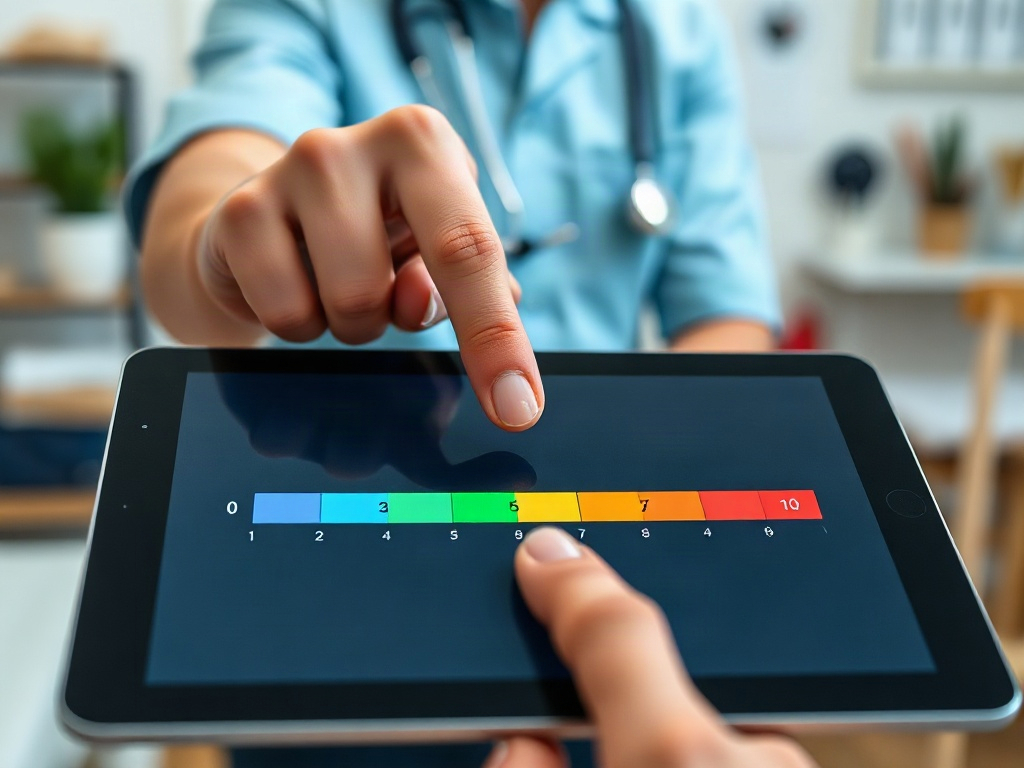 Hand tapping a pain scale on the tablet screen