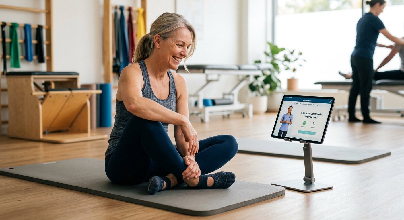 Smiling patient finishing a session with the tablet